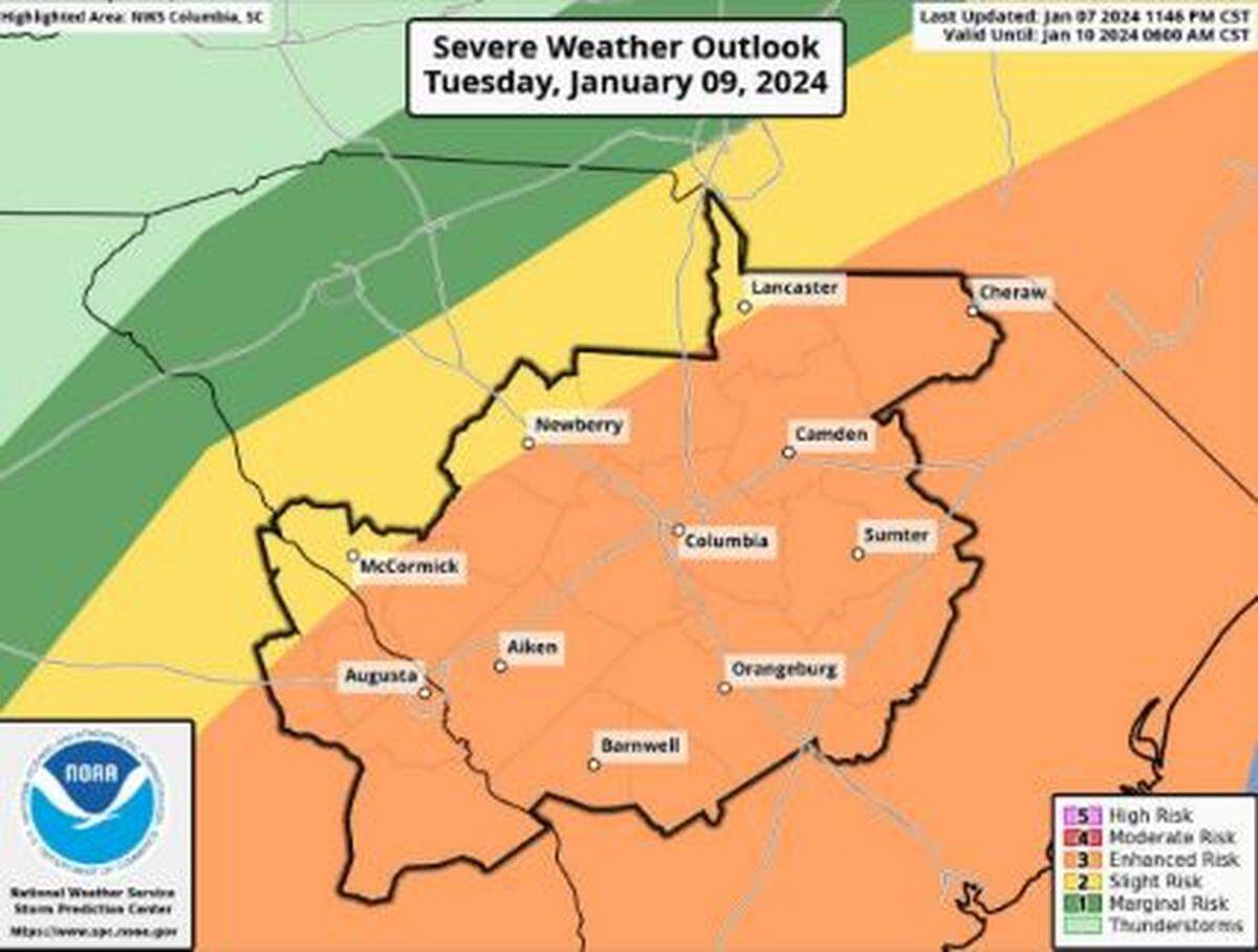 Severe weather is forecast for the Midlands region of South Carolina.