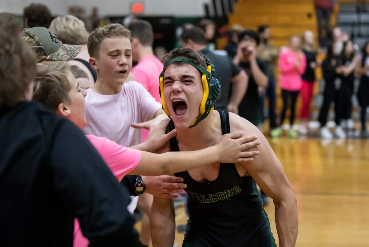 Drake Porter of Ben Lippen celebrates his win during the SCISA 2022 Duals State Wrestling Tournament at Ben Lippen on Saturday, February 5, 2022.