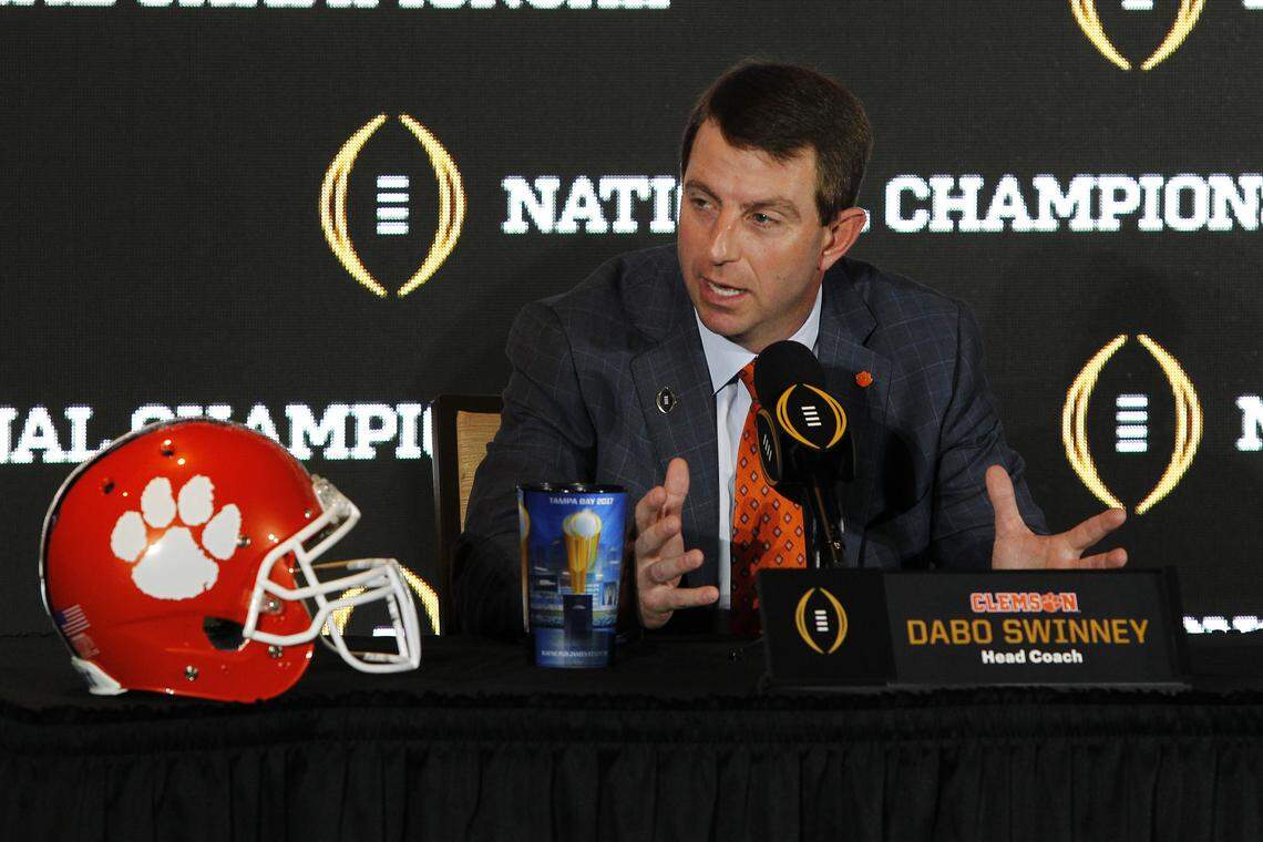Clemson coach Dabo Swinney answers a question during a College Football Playoff press conference in 2017.