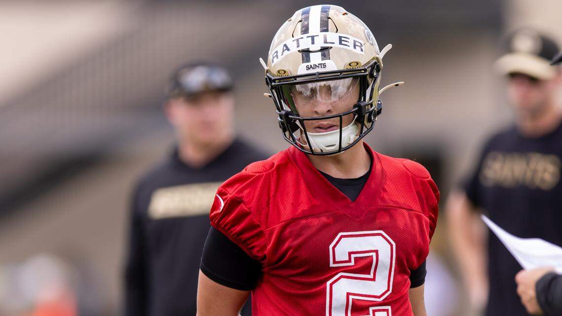 Jun 10, 2025; New Orleans, LA, USA; New Orleans Saints quarterback Spencer Rattler (2) looks on during minicamp at Ochsner Sports Performance Center.