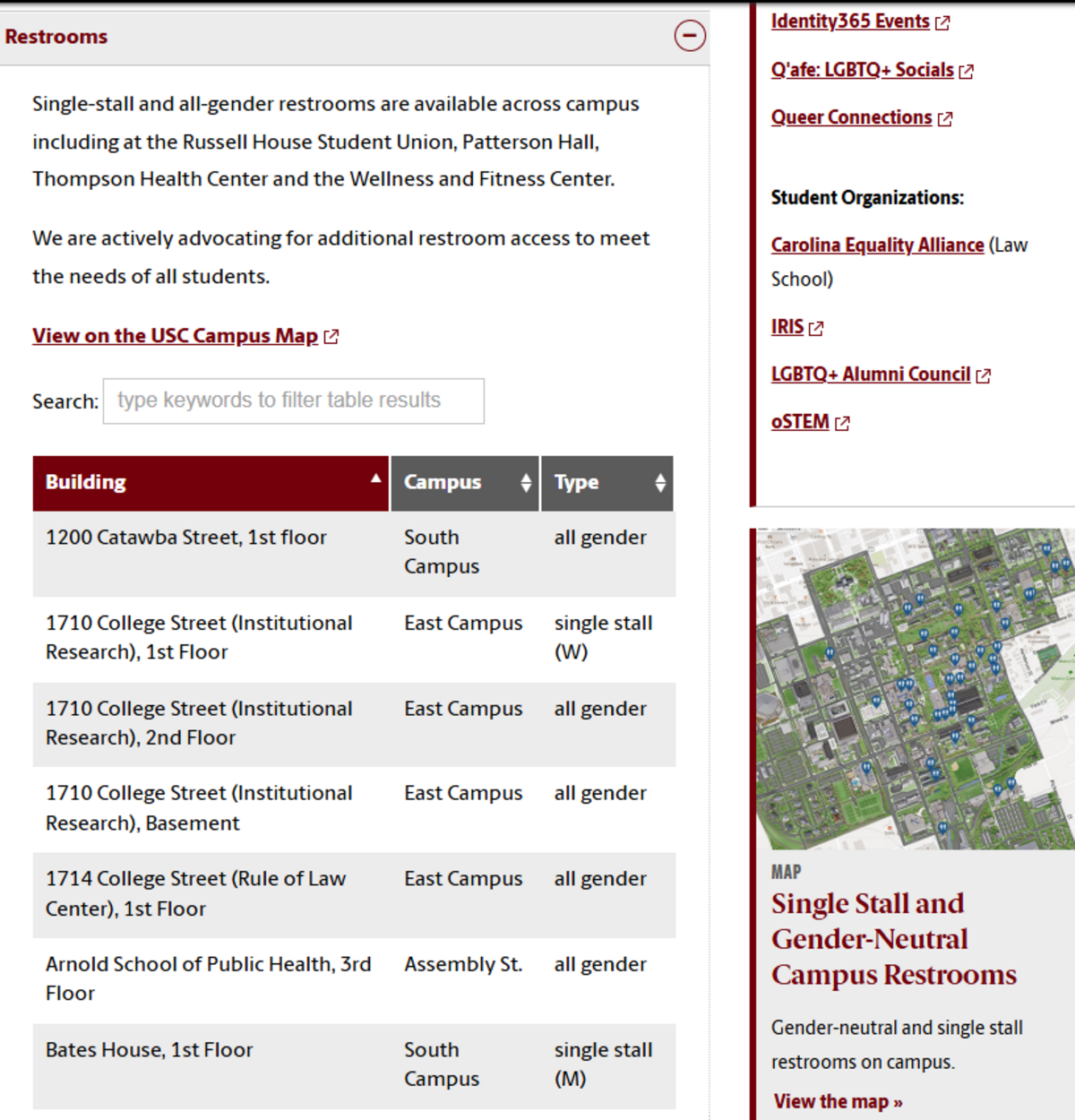 A screenshot of the single-occupancy bathroom map that used to be accessible on the University of South Carolina website