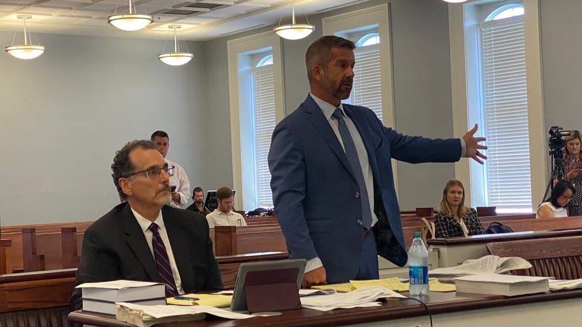 Mallory Beach family attorney Mark Tinsley makes a point Friday during a pretrial hearing at the Hampton County ourthouse. Seated is one of Tinsley’s co-counsels, John Nichols.