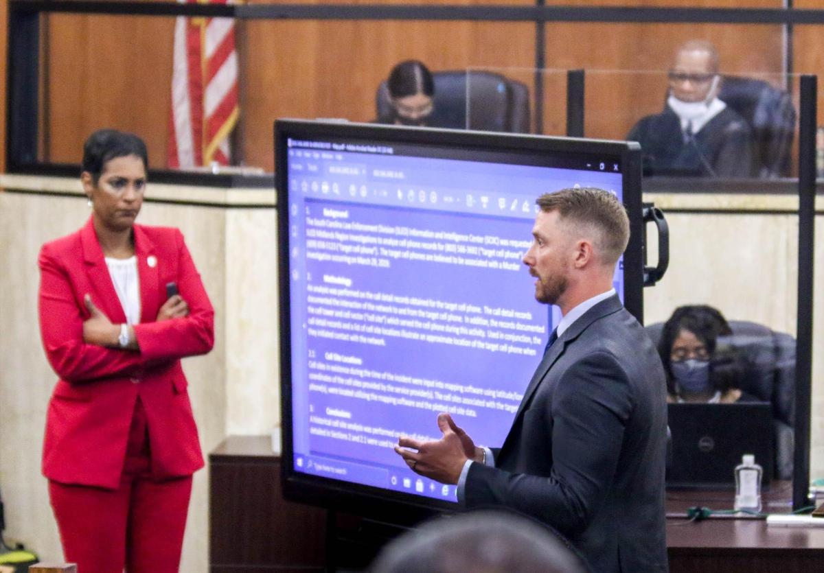 Cell phone analyst Eric Grabsky, discusses the tracing of Samantha Josephson’s cell phone as prosecutor April Sampson looks on during the trial of Nathaniel Rowland on Friday, July 23, 2021 in Richland County Circuit Court. Rowland is accused of killing Samantha Josephson after luring her into his car.