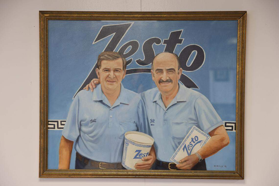 A painting of Gus Manos and Angelo Tsiantis, who co-owned Zesto of West Columbia, hangs in the restaurant on Monday, May 20, 2024.