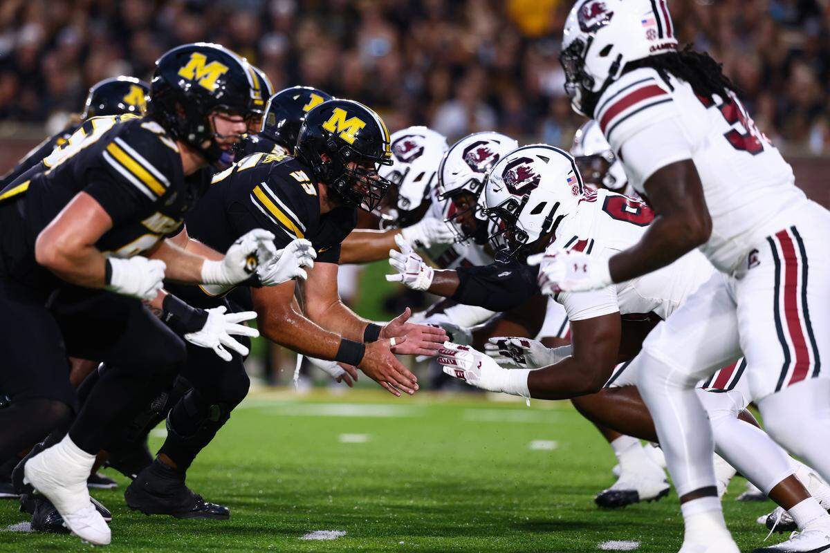 South Carolina defensive line reacts to the snap during the Gamecocks’ game against Missouri at Memorial Stadium in Columbia, MO on Saturday, September 20, 2025.