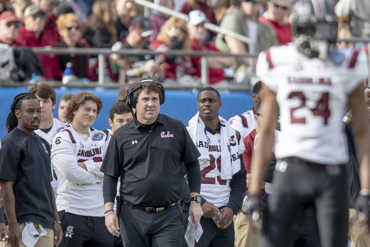 South Carolina head coach Will Muschamp looks toward the field during the Belk Bowl against Virginia at Bank of America Stadium on Dec. 29, 2018, in Charlotte, NC.