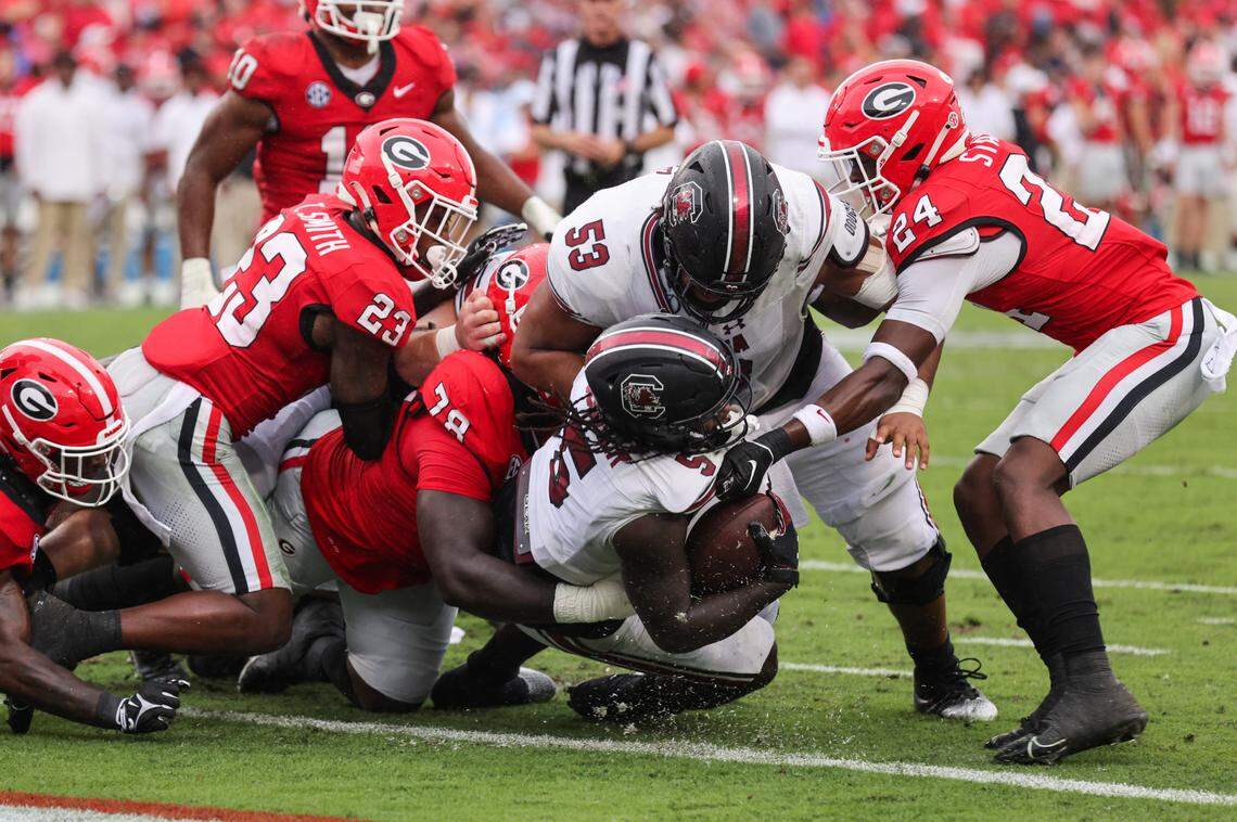 South Carolina running back Dakereon Joyner (5) carries the ball in for a touchdown during the second quarter of the Gamecocks’ game at Sanford Stadium in Athens on Saturday, September 15, 2023.