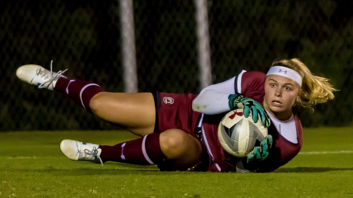 South Carolina Gamecocks goalkeeper Mikayla Krzeczowski makes a stop during the game between the South Carolina Gamecocks and Missouri Tigers at Stone Stadium.