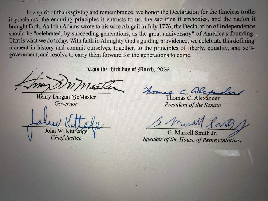 Leaders of South Carolina’s three branches of government signed their names on Tuesday, Mary 3, 2026, to a proclamation commemorating the 250th anniversary of the Declaration of Independence.