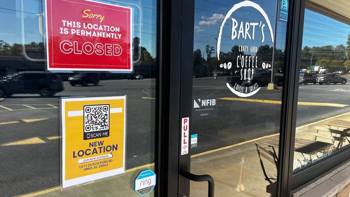 Bart’s Crazy Good Coffee Shop at 7949 Broad River Road in Irmo has closed, per signage on its door and posts on social media.