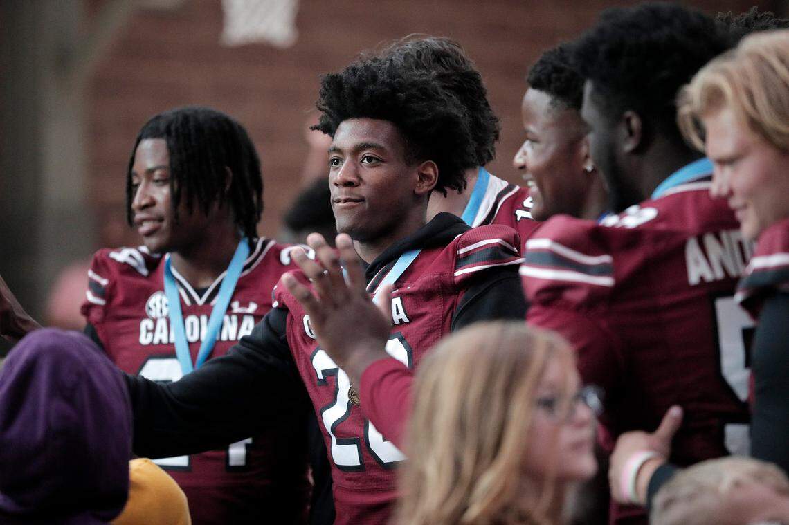 Judge Collier (20) and the University of South Carolina football team freshmen took part in the annual Pigskin Poets reading event Friday, July 21, 2023 at the Drew Wellness Center in Columbia.