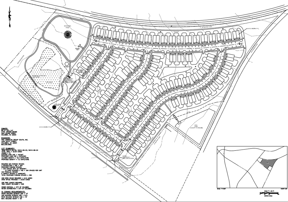 A site plan showing where 91 new duplexes are expected to be built behind Columbia’s Garners Ferry Walmart.