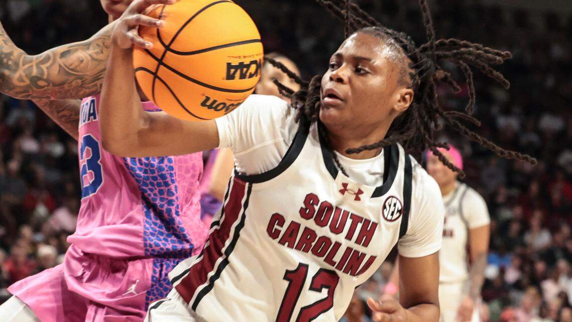 University of South Carolina’s MiLaysia Fulwiley (12) reverses direction as Florida’s Liv McGill (23) pressures during the first half of action in the Colonial Life Arena on Thursday, Feb. 13, 2025.