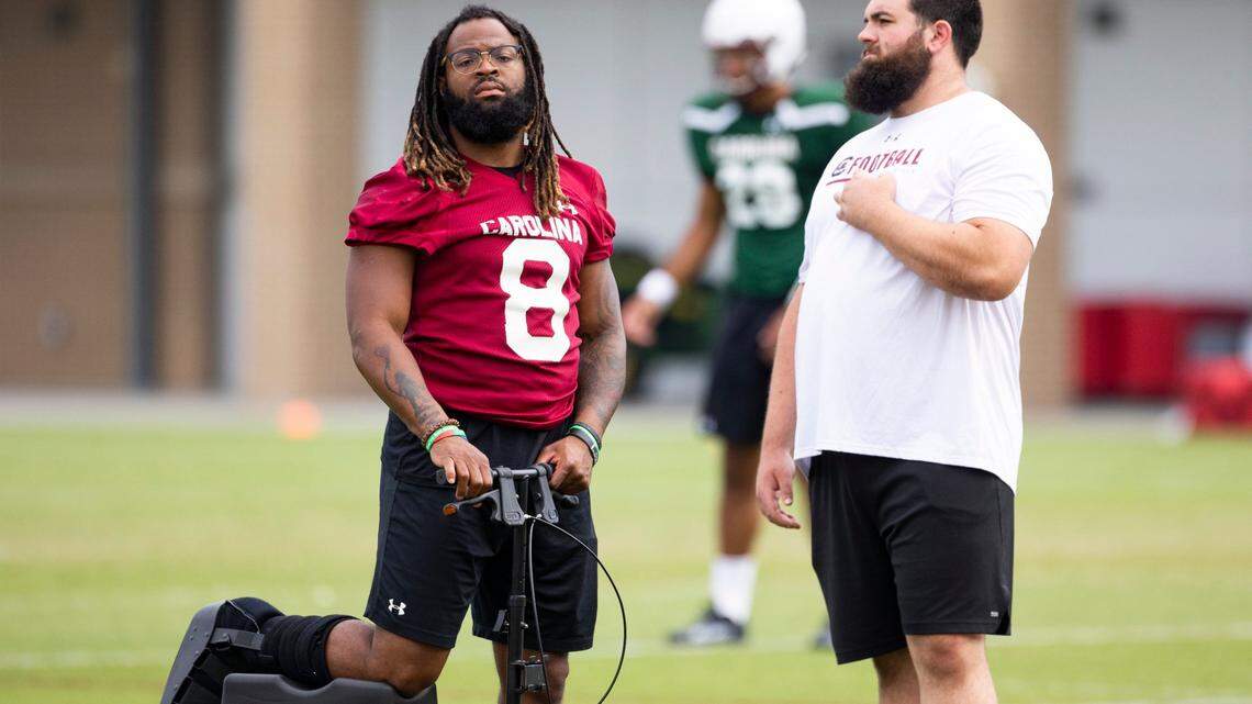 South Carolinas Christian Beal-Smith observes football practice on Thursday, August 18, 2022.