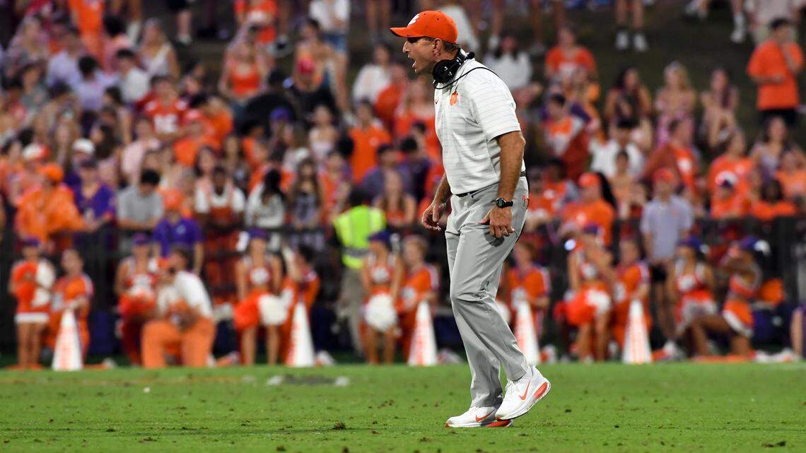 Clemson Tigers head coach Dabo Swinney yells down field Saturday, Sept. 6, 2025 during the NCAA football game against the Troy Trojans at Memorial Stadium in Clemson, South Carolina.