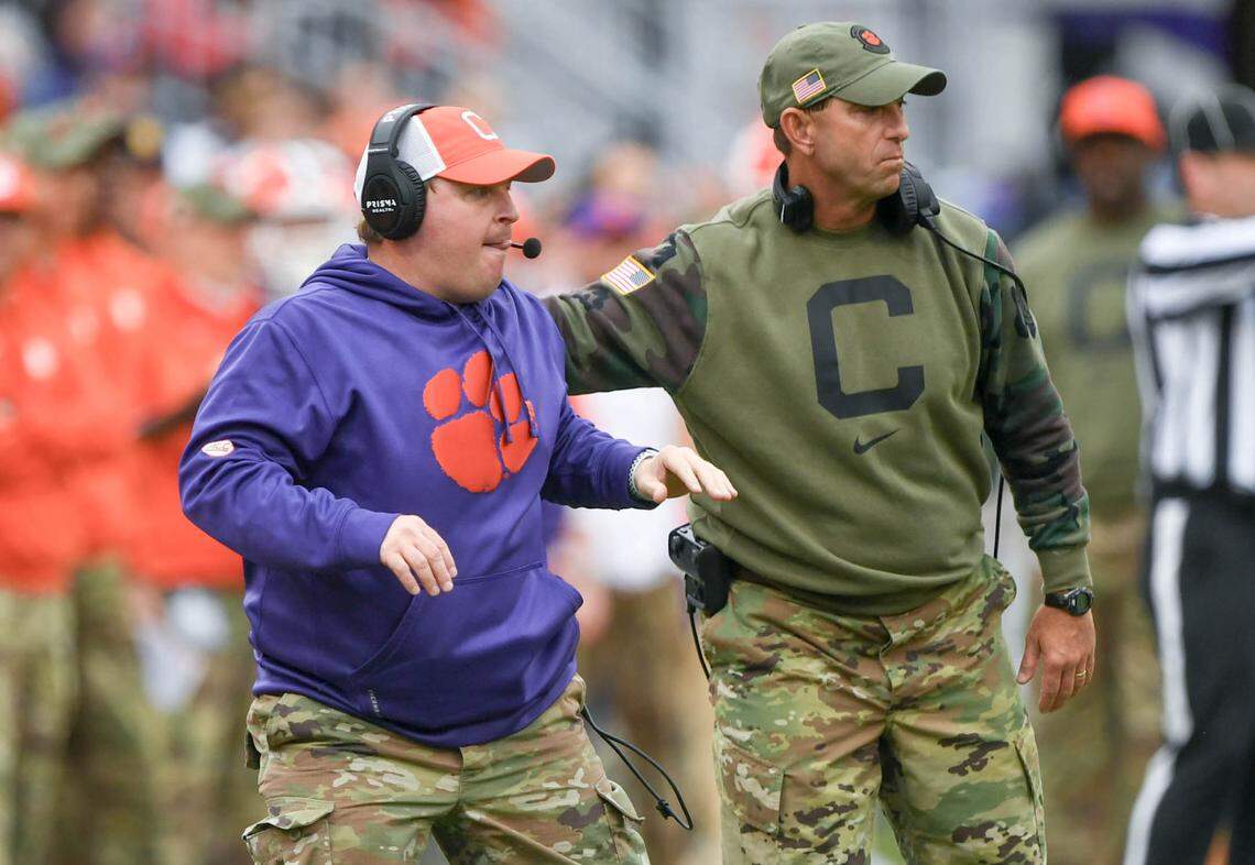 Nov 11, 2023; Clemson, South Carolina, USA; Clemson defensive coordinator Wes Goodwin and head coach Dabo Swinney during the fourth quarter against the Georgia Tech Yellow Jackets at Memorial Stadium.