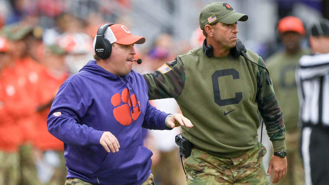 Clemson defensive coordinator Wes Goodwin and head coach Dabo Swinney in 2023