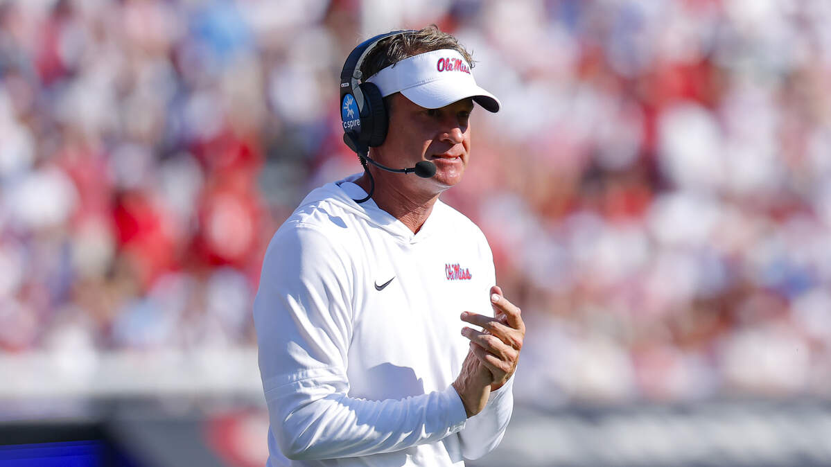 ATHENS, GEORGIA - OCTOBER 18: Head coach Lane Kiffin of the Mississippi Rebels reacts during the first quarter against the Georgia Bulldogs at Sanford Stadium on October 18, 2025 in Athens, Georgia.