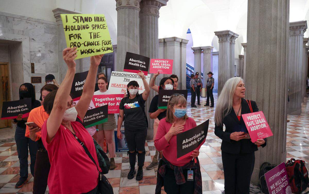 A group of abortion rights supporters gather in the lobby of the South Carolina State House on Wednesday April 26, 2023.