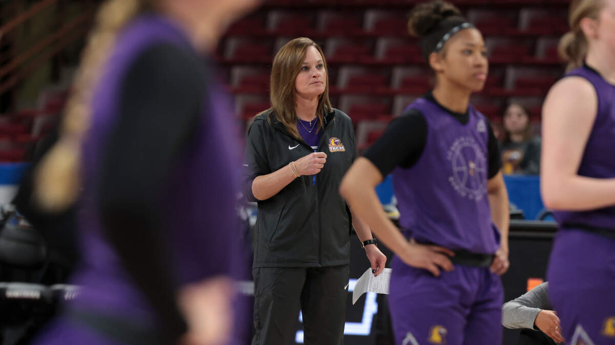 Tennessee Tech’s head coach Kim Rosamond watches her team during a practice at the Colonial Life Arena on Thursday, March 20, 2025. The Gamecocks face Tennessee Tech in the first round game of the NCAA Tournament.