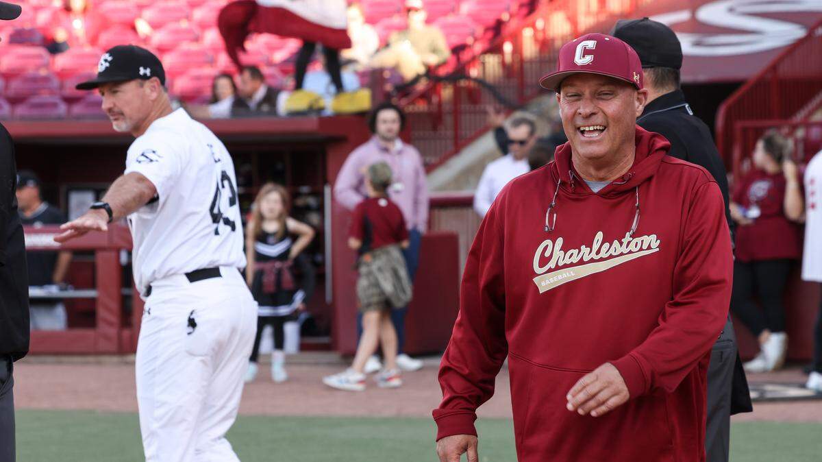 Chad Holbrook of the College of Charleston smiles after meeting with South Carolina interim head coach Monte Lee before the Gamecocks’ game against the College of Charleston in Columbia on Tuesday, April 7, 2026.