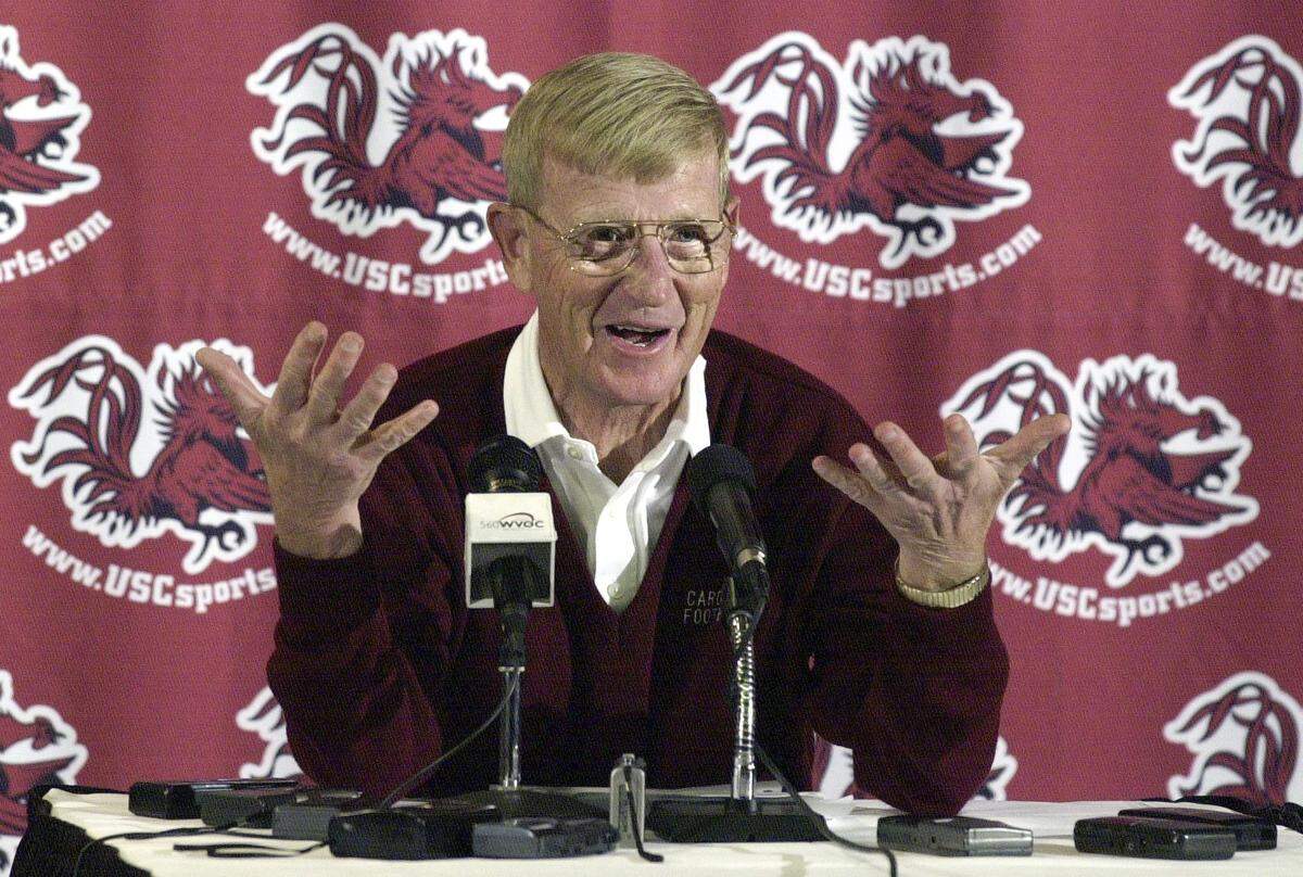 South Carolina football head coach Lou Holtz addresses the media atthe end-of-the-year press conference on Jan. 4, 2001 at Williams-Brice Stadium. 