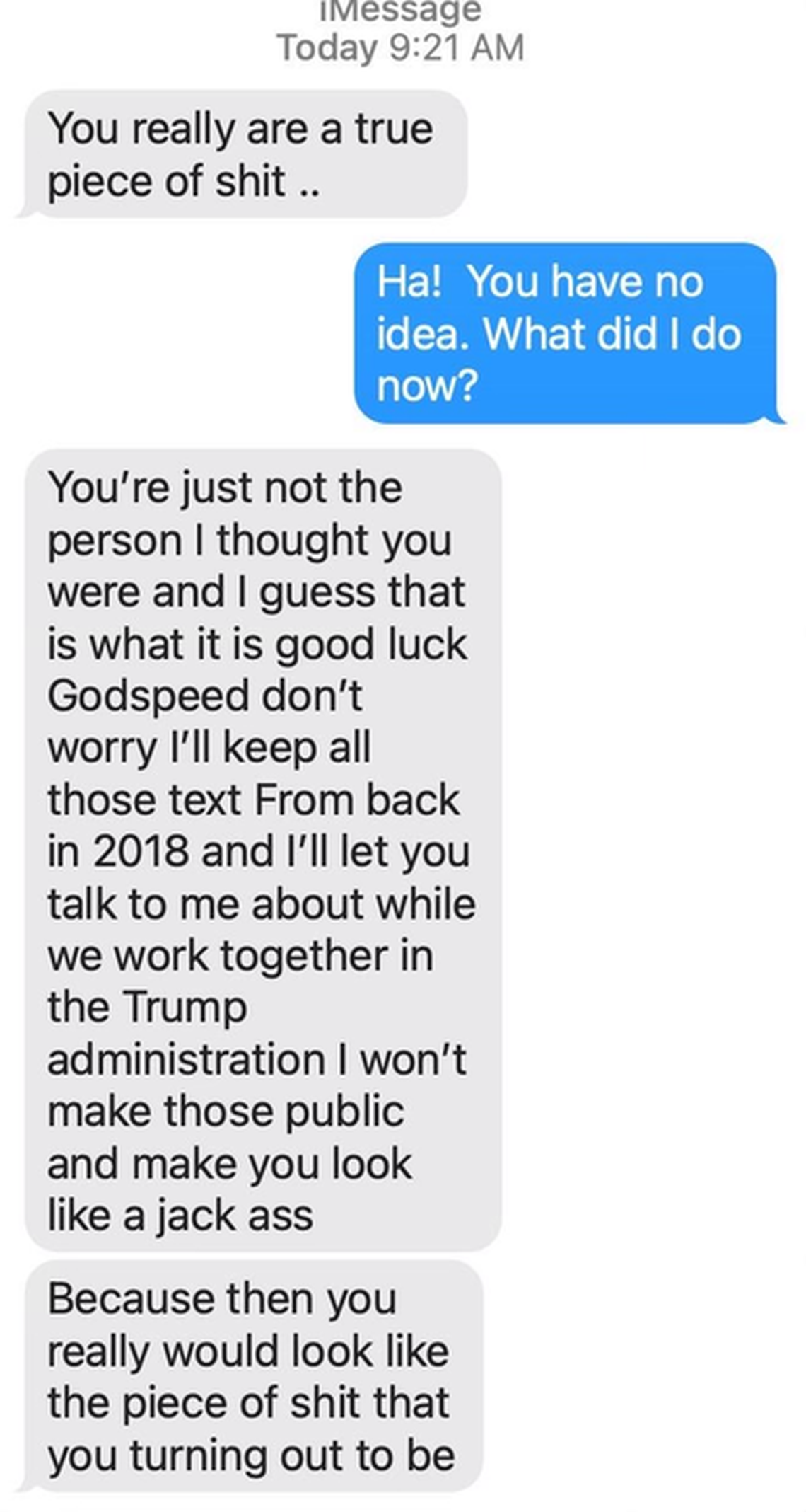In this screenshot of the text messages exchanged between S.C. Republican congressional candidate Katie Arrington and Mick Mulavney, Arrington twice calls Trump’s former acting White House chief of staff a “piece of s—.”