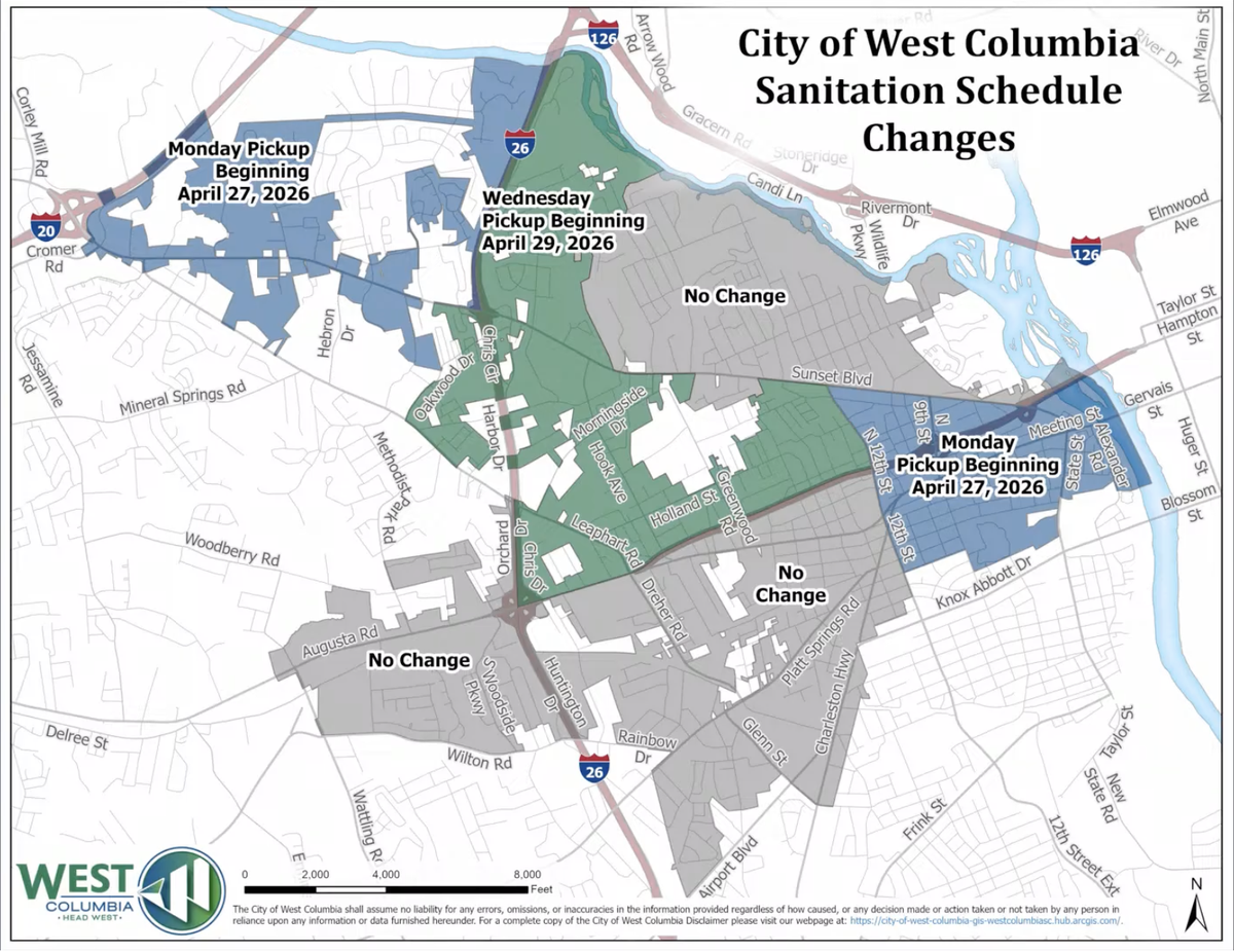 Several areas of West Columbia will see changes to their trash pick up schedule.