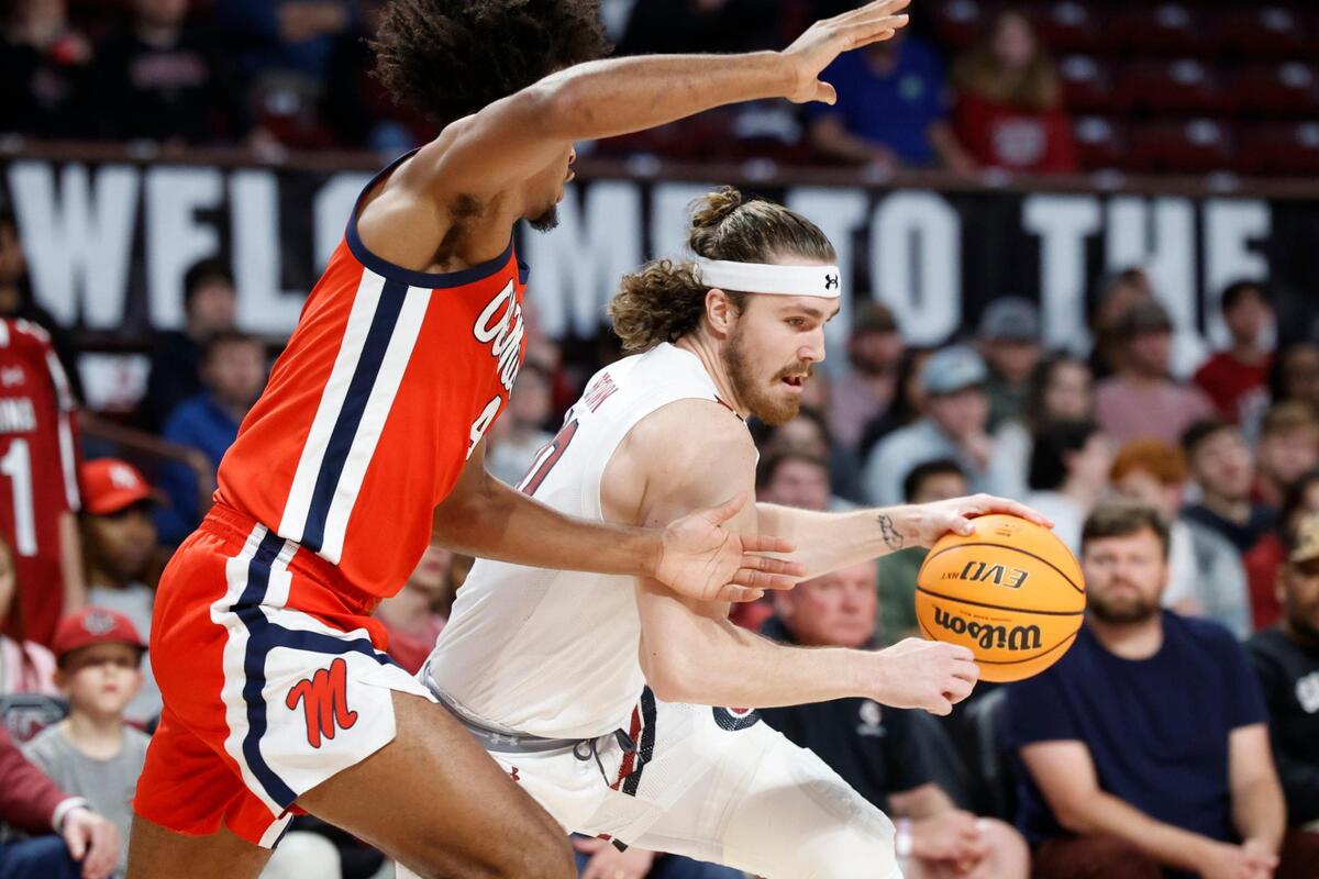 South Carolina Gamecocks forward Hayden Brown (10) plays Ole Miss at Colonial Life Arena on Tuesday, January 16, 2023.