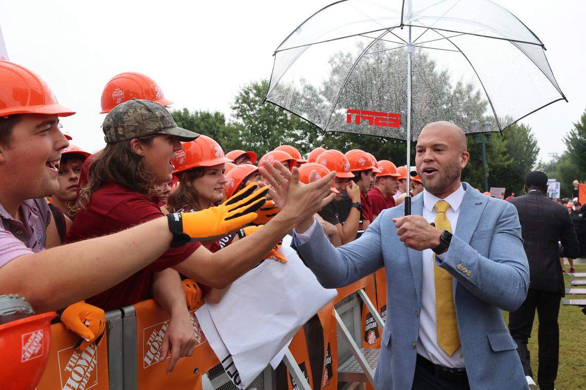 Students celebrate during the broadcast of ESPN College Gameday at Gamecock Park on Saturday, Sept. 14, 2024.
