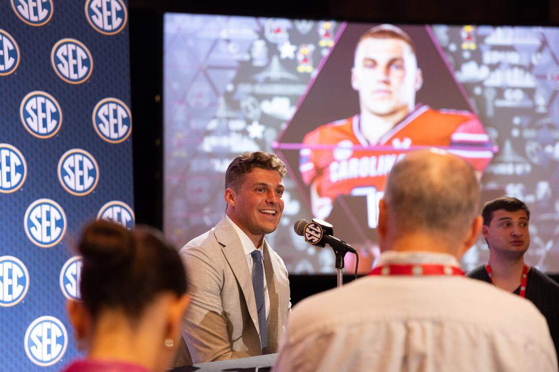 South Carolina player Luke Doty speaking to the media at Omni Dallas Hotel.