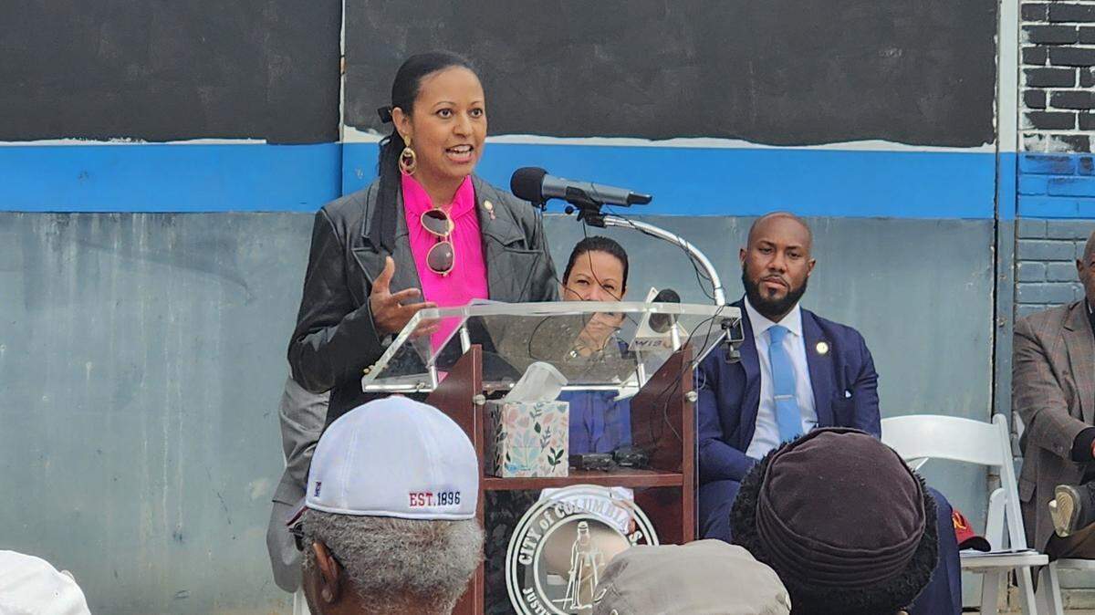 Columbia City Manager Teresa Wilson speaks on Feb. 8, 2024 at the announcement of the Station at Congaree Pointe project.