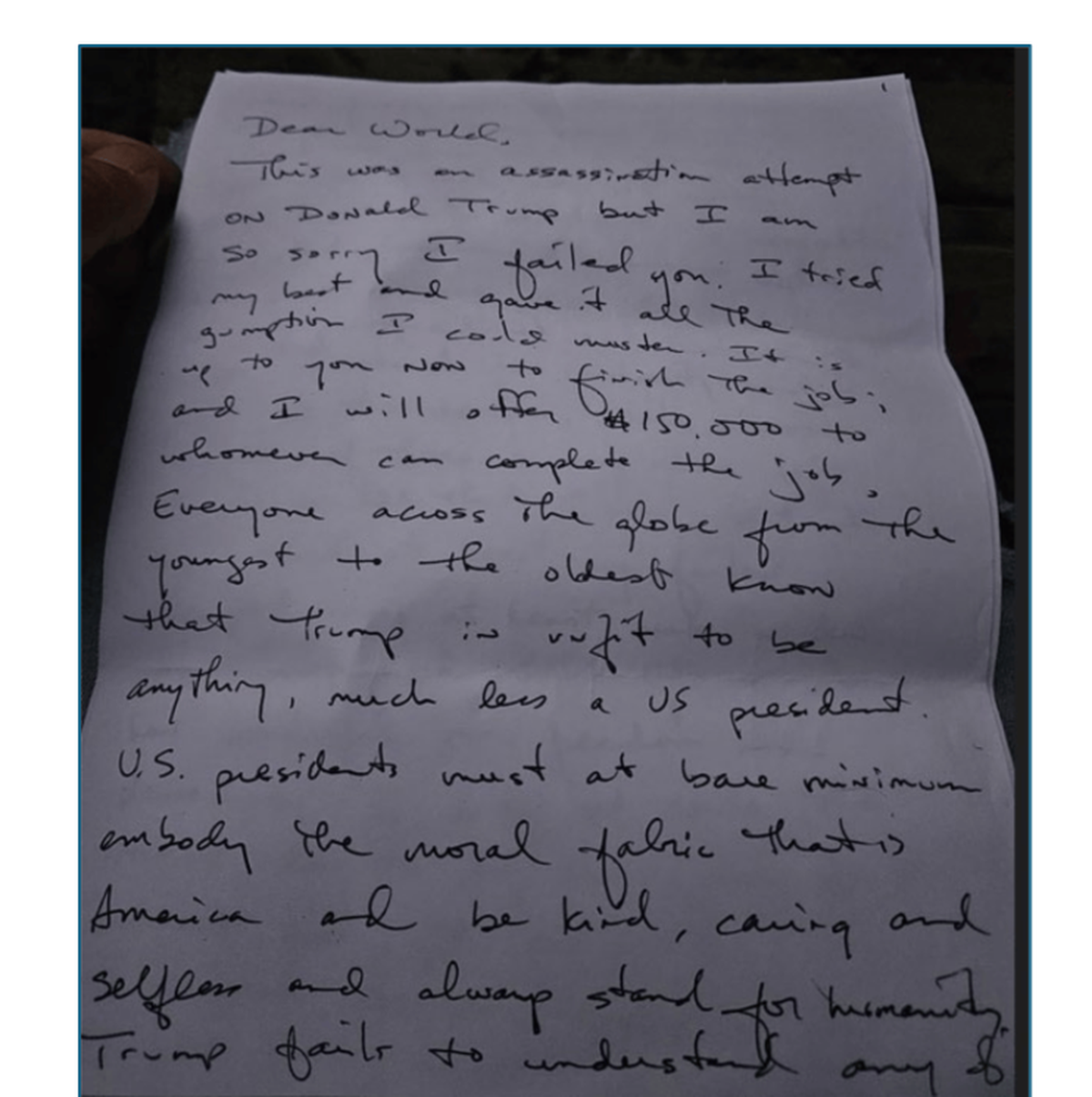 Ryan Routh, 58, who has been charged with attempting to assassinated former president Donald Trump allegedly left this letter in a box with a “civilian witness,” according to federal prosecutors.