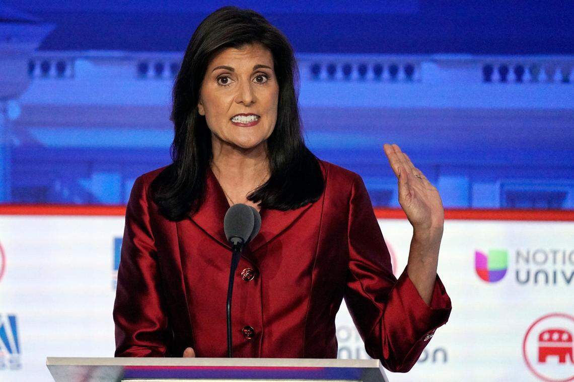 Former U.N. Ambassador Nikki Haley speaks during a Republican presidential primary debate hosted by FOX Business Network and Univision, Wednesday, Sept. 27, 2023, at the Ronald Reagan Presidential Library in Simi Valley, Calif. (AP Photo/Mark J. Terrill)