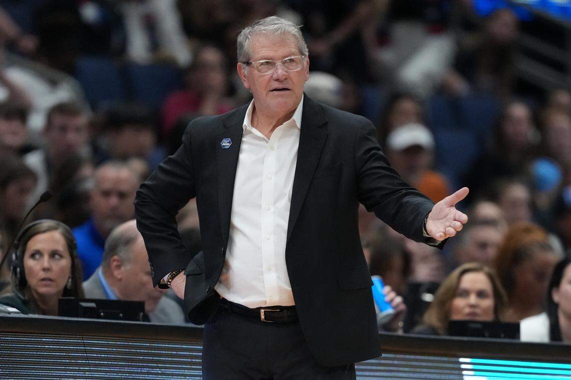 Apr 4, 2025; Tampa, FL, USA; Connecticut Huskies head coach Geno Auriemma reacts during the third quarter in a semifinal of the women’s 2025 NCAA tournament against the UCLA Bruins at Amalie Arena.