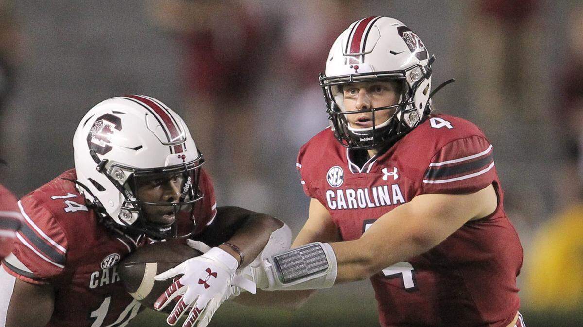 South Carolina quarterback Luke Doty (4) hands off to running back Deshaun Fenwick (14) against Texas A&M during fourth-quarter action on Saturday Nov. 7, 2020 in Columbia, S.C. (Travis Bell/SIDELINE CAROLINA)