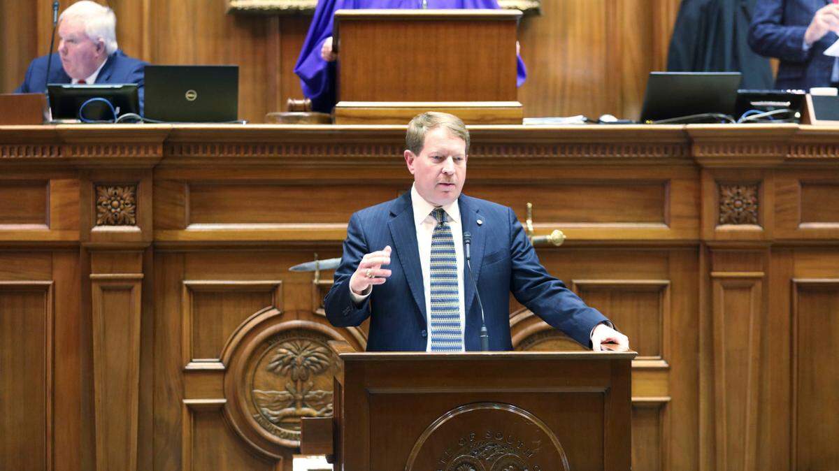 South Carolina Sen. Shane Martin, R-Pauline, speaks in favor of a proposed bill on Jan. 24, 2024 in Columbia, S.C. that would allow allow South Carolinians 18 and older to carry concealed handguns openly without a license or any gun safety training.