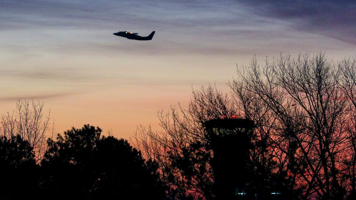 An airplane on a late flight out of Columbia Metropolitan Airport