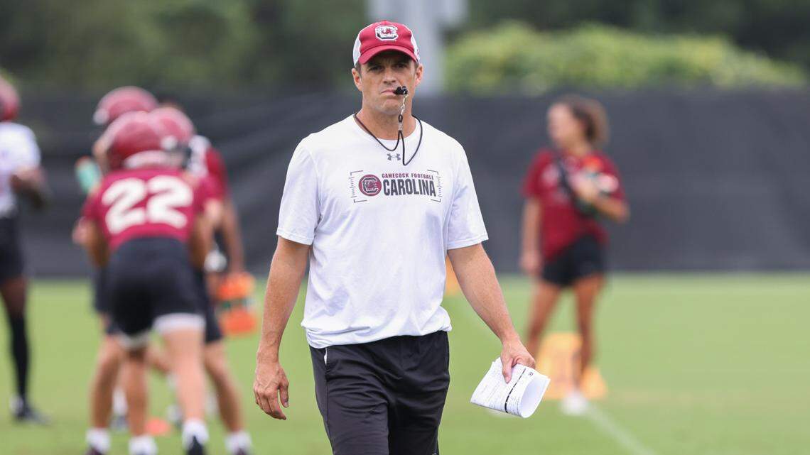 South Carolina head coach Shane Beamer watches players run drills during practice on Thursday, August 16, 2023.