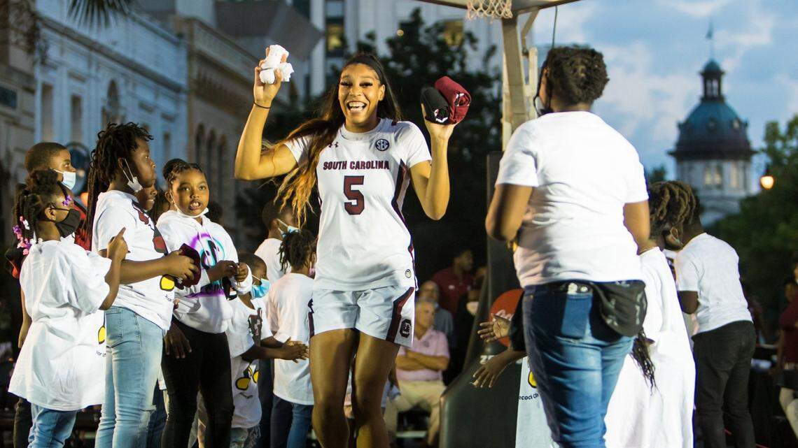 South Carolina Gamecocks Victaria Saxton is introduced during the Gamecock Basketball Madness on Main Street in downtown Columbia, SC.