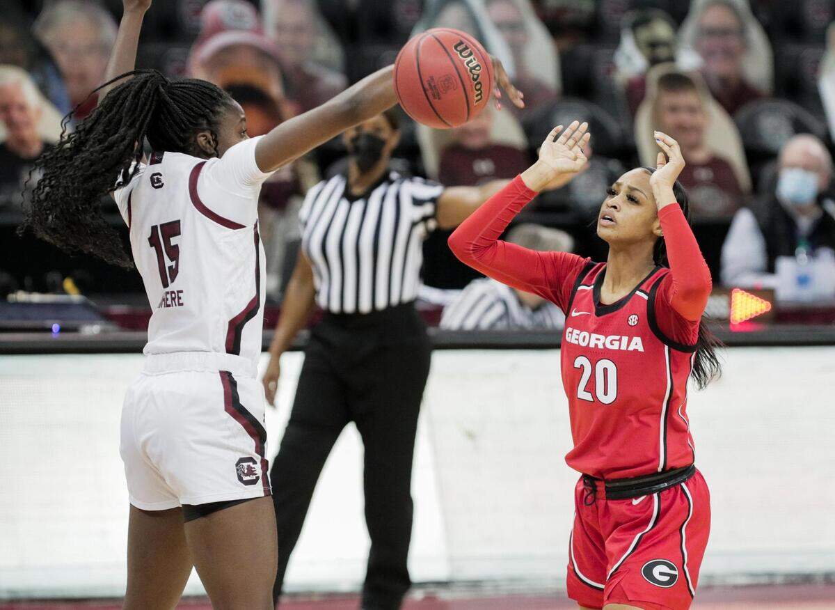South Carolina Gamecocks forward Laeticia Amihere (15) blocks Georgia Lady Bulldogs forward Jordan Isaacs (20) at Colonial Life Arena on Thursday, January 21, 2021.