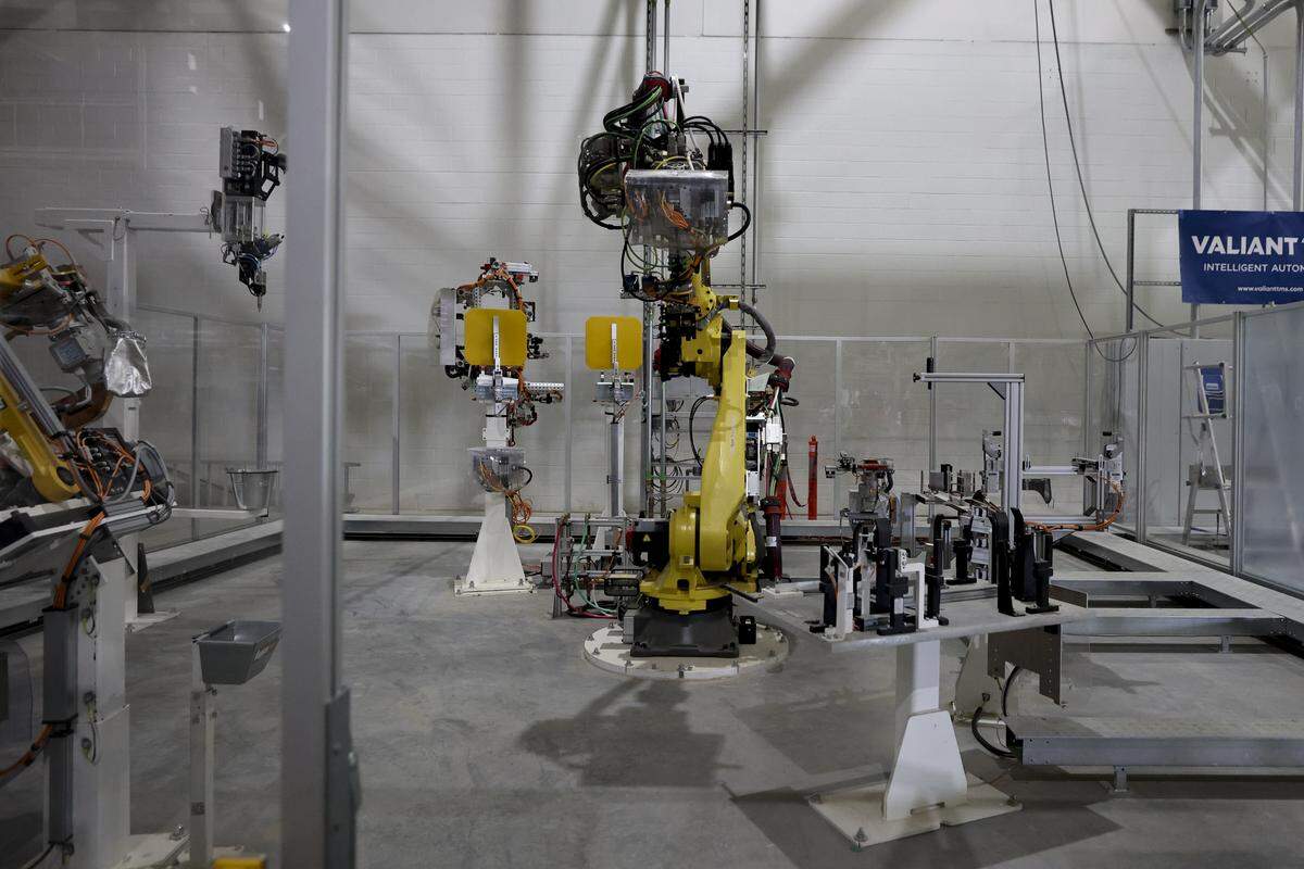 Training areas, where new employees can develop skills using the robotic equipment used in vehicle manufacturing is installed inside a building under construction at Scout Motors on Tuesday, Feb. 10, 2026. Work is being done on the 1,100-acre site to complete the electronic vehicle production facility by late 2026 to early 2027. 