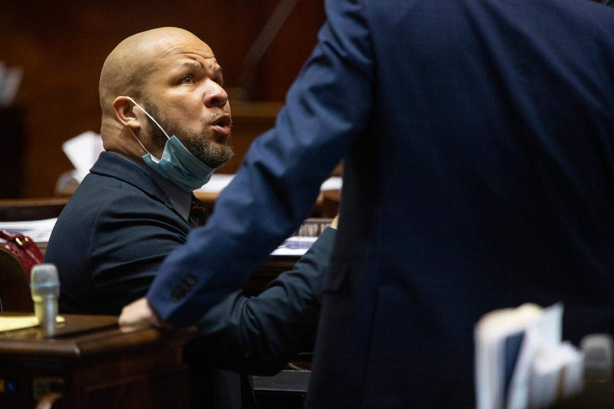 John King D-York speaks with House colleagues at the South Carolina State House on January 11, 2022.