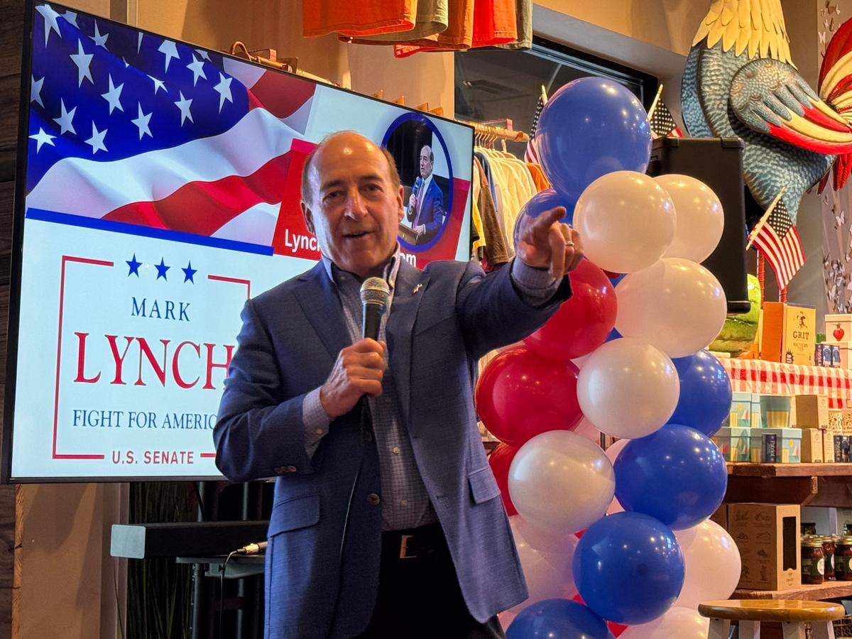 Republican U.S. Senate Candidate Mark Lynch speaks at a Freedom Friday event in at Momma Rabbit’s Nibbles and Sips in Lexington on Friday, June 25, 2025.