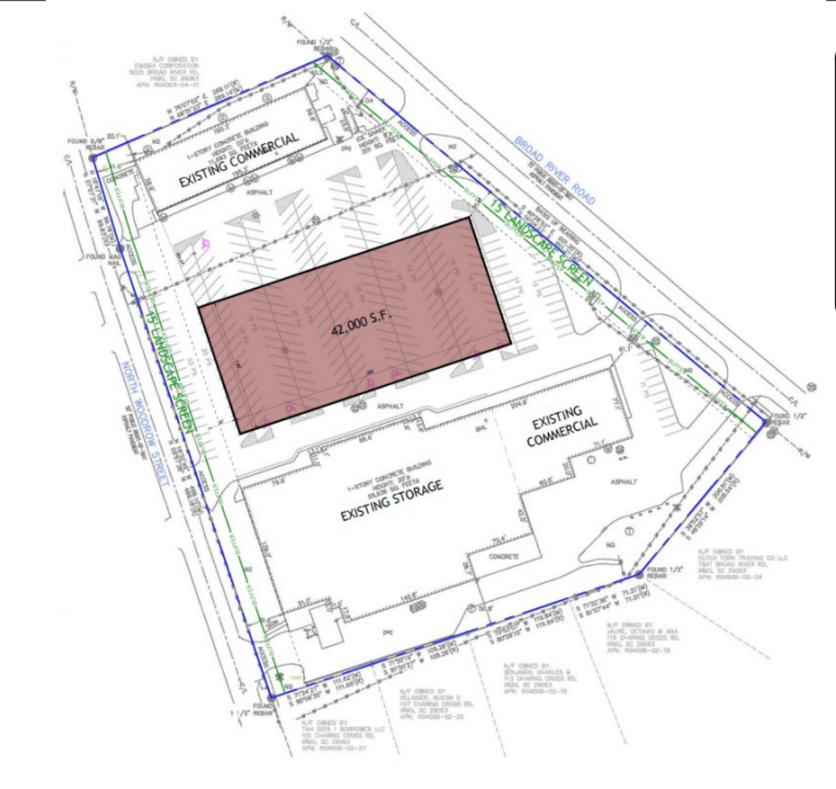 The space where a 42,000-square-foot storage facility would go in the parking lot of an existing retail space on Broad River Road in Irmo, S.C.