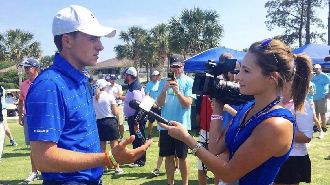 Alyssa Lang interviews Jordan Spieth during a tournament in Florida. Lang is set to join the SEC Network.