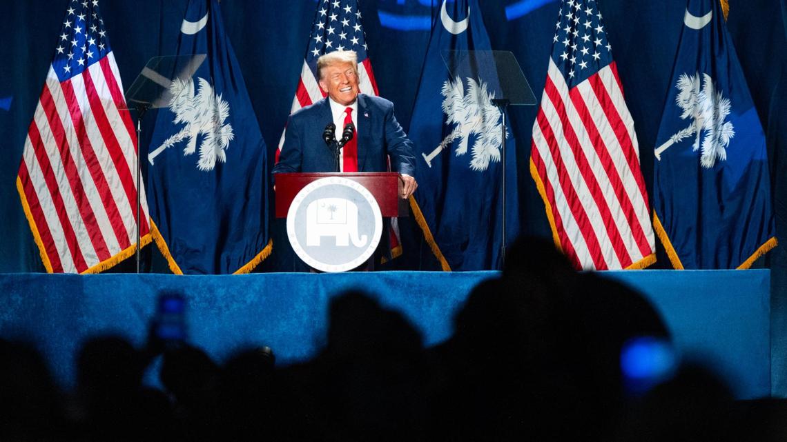Former President Donald Trump speaks at the Silver Elephant Gala in Columbia, South Carolina on Saturday, August 5, 2023.