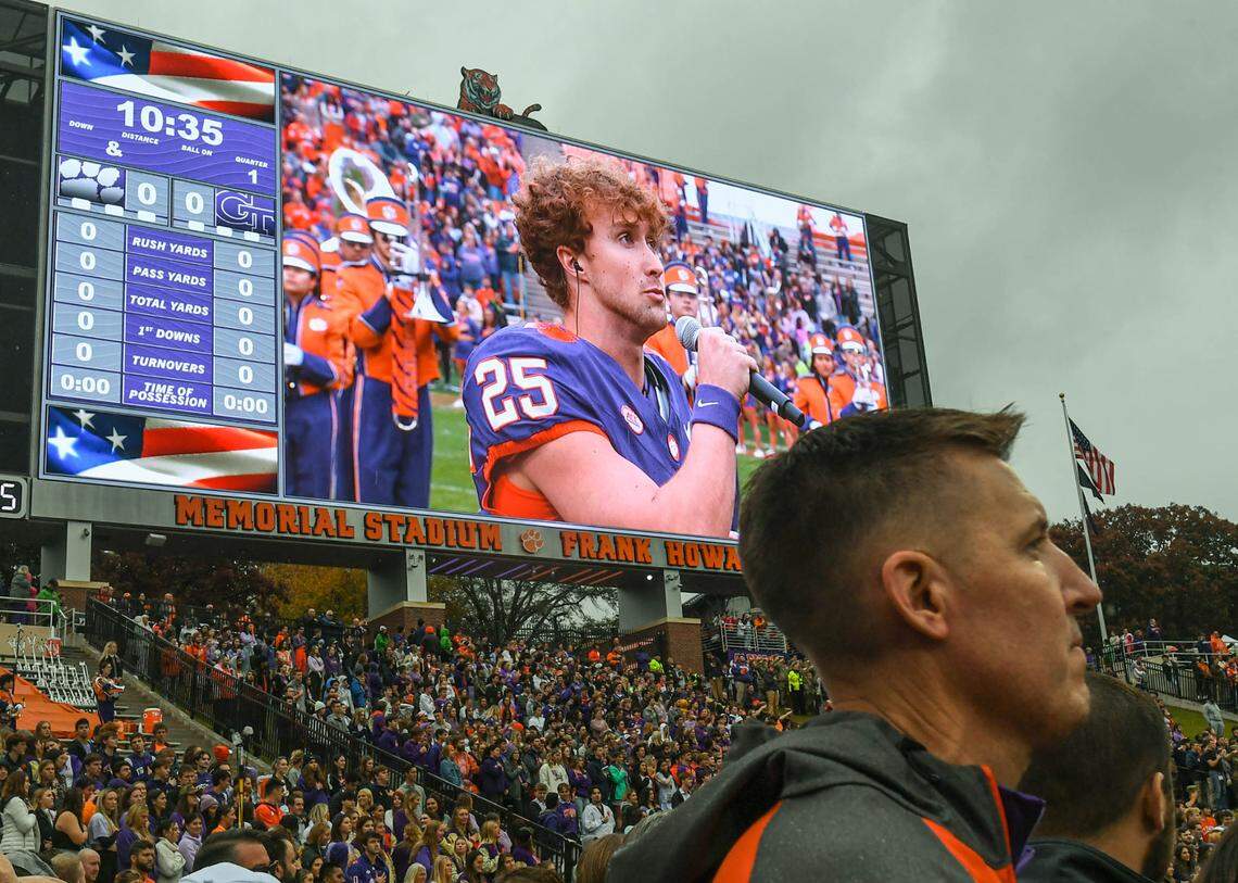 Nov 11, 2023; Clemson, South Carolina, USA; Clemson Tigers wide receiver Blackmon Huckabee Jr (25) sings the National Anthem before a game against the Georgia Tech Yellow Jacket at Memorial Stadium. Mandatory Credit: Ken Ruinard-USA TODAY Sports