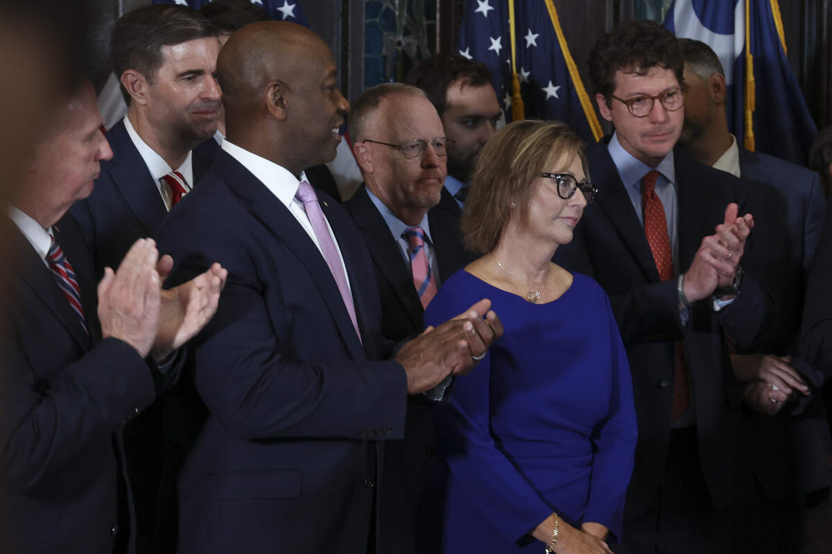 U.S. Sen. Tim Scott and members of late Sen. Lindsey Graham’s staff applaud after S.C. Gov. Henry McMaster announced Monday, July 13, 2026, that Darline Graham Nordone, Graham’s younger sister will be appointed to fill in for the remainder of Graham’s U.S. Senate seat. Graham died on Saturday, leaving about six months remaining of his term.