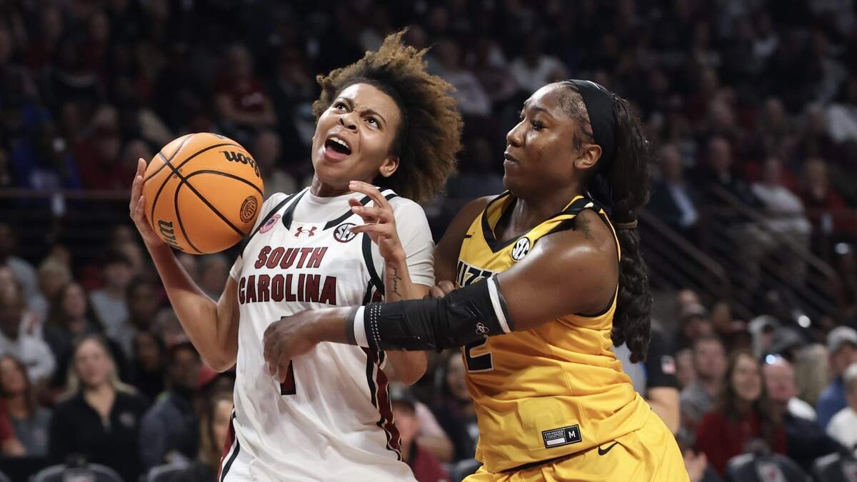 South Carolina guard Maddy McDaniel fouled hard by Missouri’s Saniah Tyler on Thursday, Feb. 26.